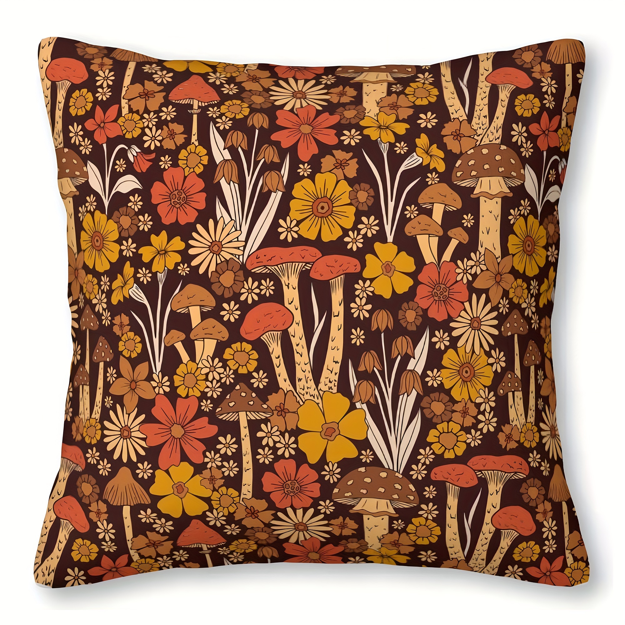 

1pc Retro 1970s Brown & Orange Mushrooms & Flowers Throw Pillow Covers Sofa Pillowcase Car Square Throw Pillowcases Home Decoration Short Plush Decor 18x18inch Without Pillow Core