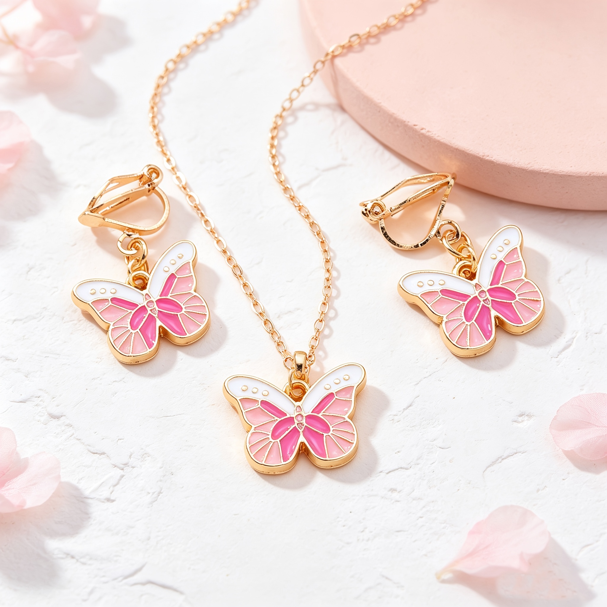 3pcs Pink White Butterfly Necklace & Ear Clip Set for Women