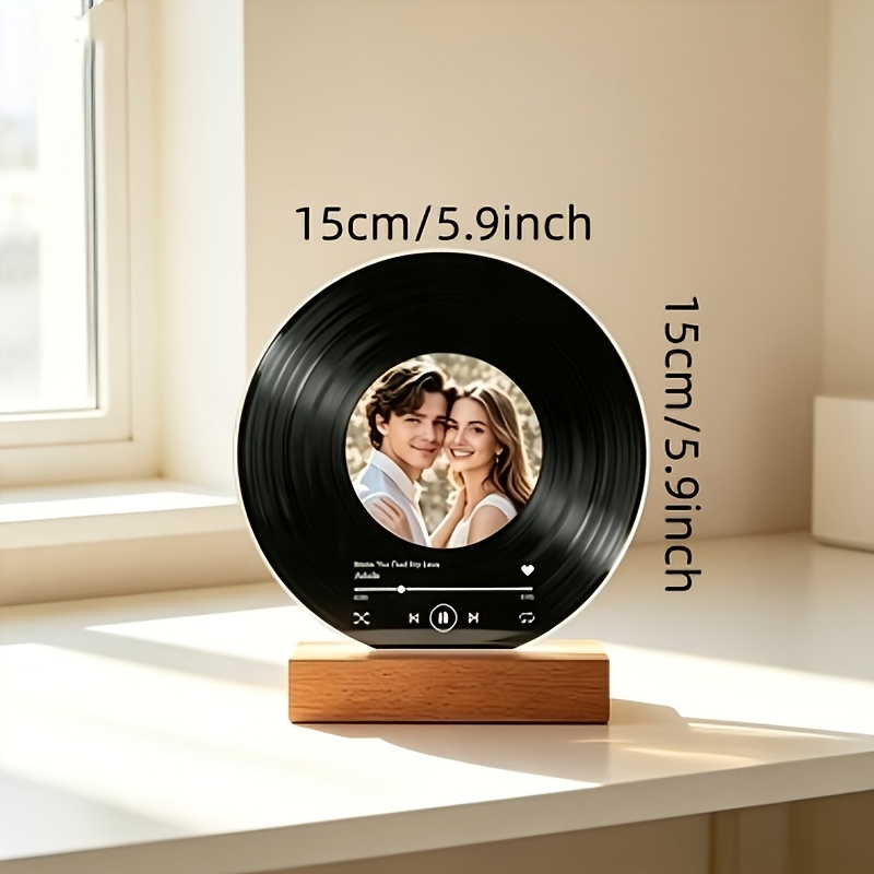 TEMU Ornement de bureau photo de disque personnalisé [personnalisable] plat 2D, production de de motif personnalisé, avec base en bois, style lecteur