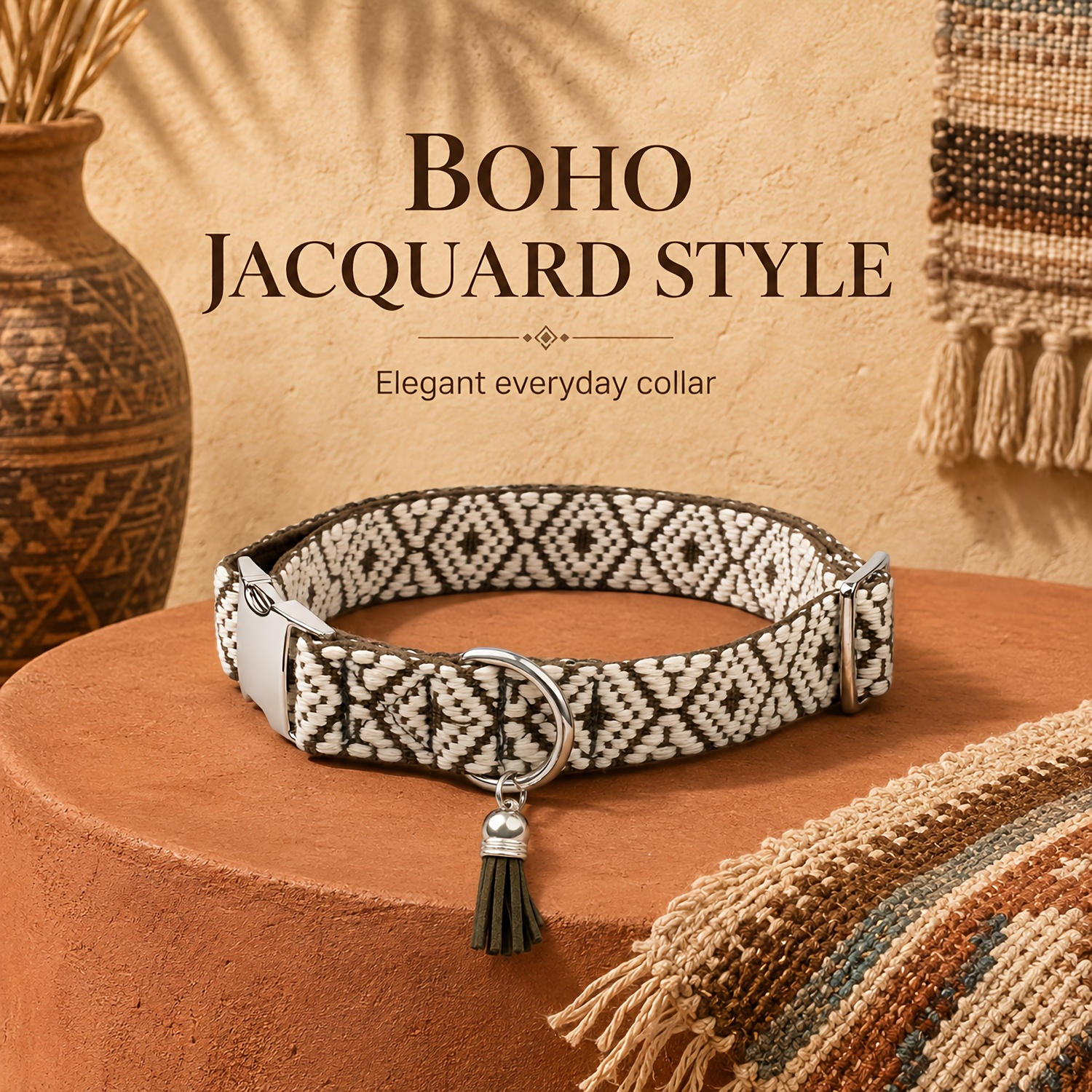 TEMU 1pc Military Green Vintage Ethnic-style Diamond Jacquard Dog Collar, Strong And Wear-resistant Woven Webbing, Featuring Tassel And Bell