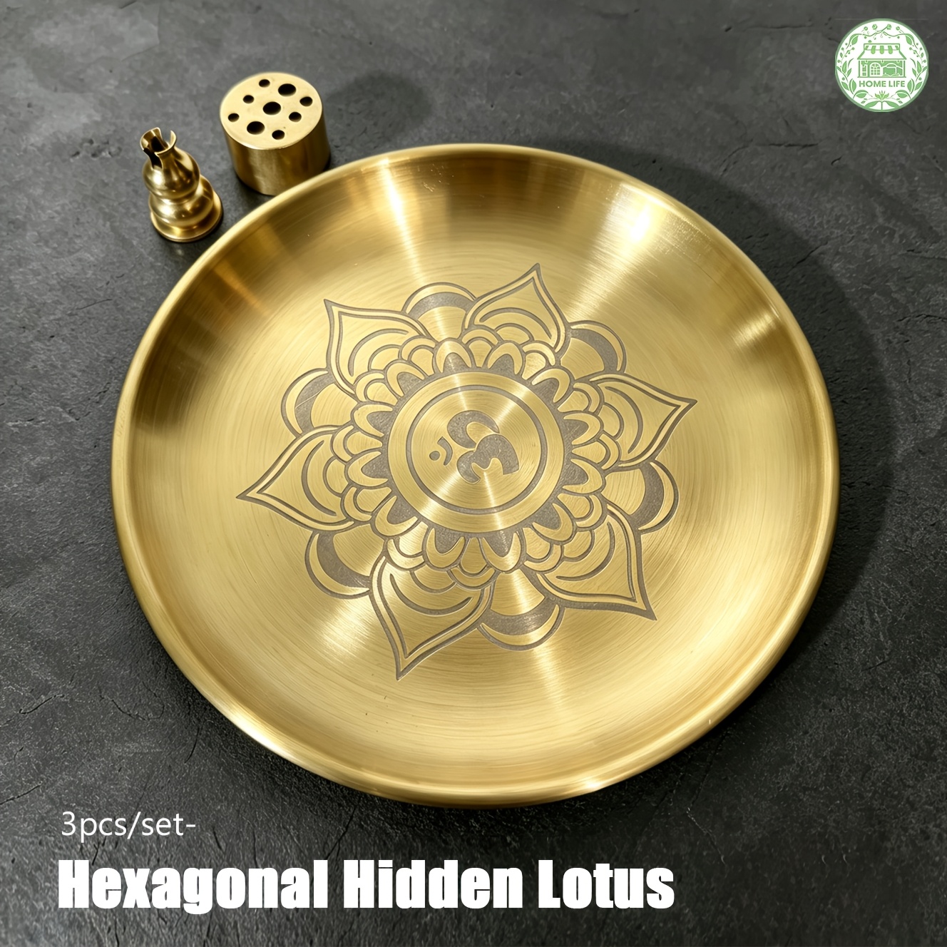 TEMU Ensemble de 3 plateaux porte-encens en laiton avec de lotus, porte-encens doré pour bâtonnets , yoga, méditation, décoration parfumée