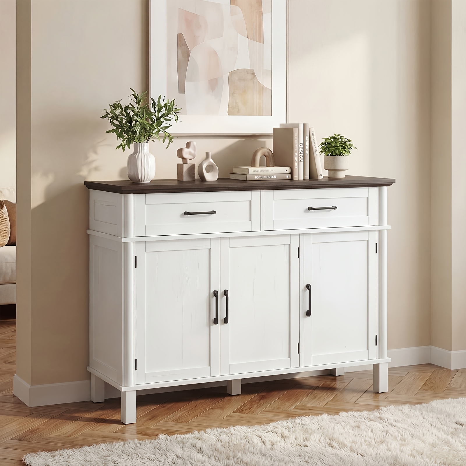 Farmhouse 48 Inch Buffet Cabinet with Storage, 48 Inch Sideboard with 2 Drawers And 3 Doors - Wood Coffee Bar Cabinet with Adjustable Shelves for Kitchen, Dining Room, Living Room