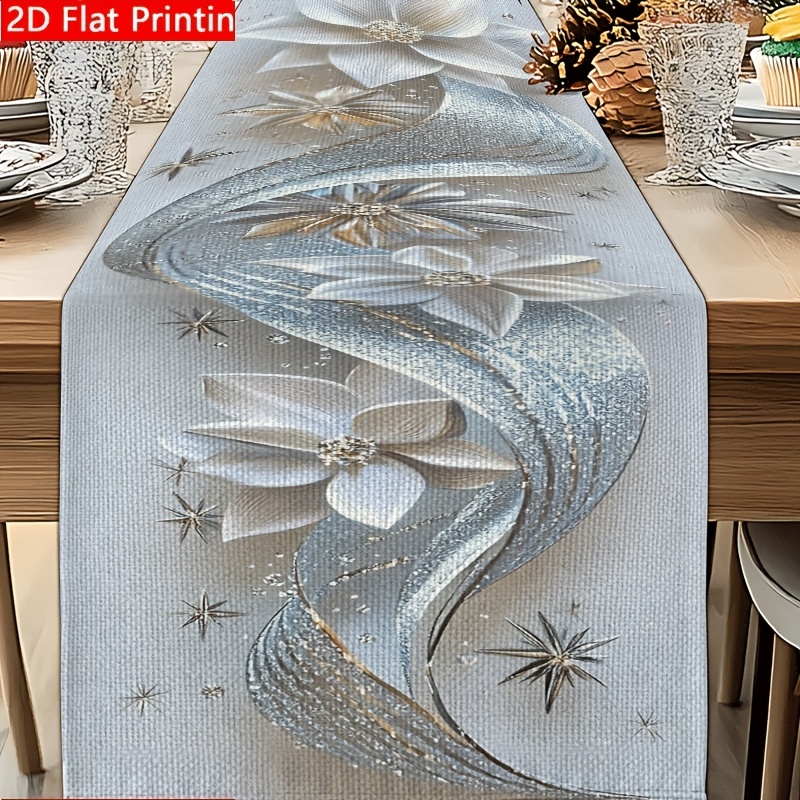 Image of 1pc Table Runner, Christmas & New Year Festive Theme, 2d Flat Printed Design, Simulated-glitter Silvery-white Flowers With Flowing Silvery Ripple & Star Elements, Table Decor, 100%