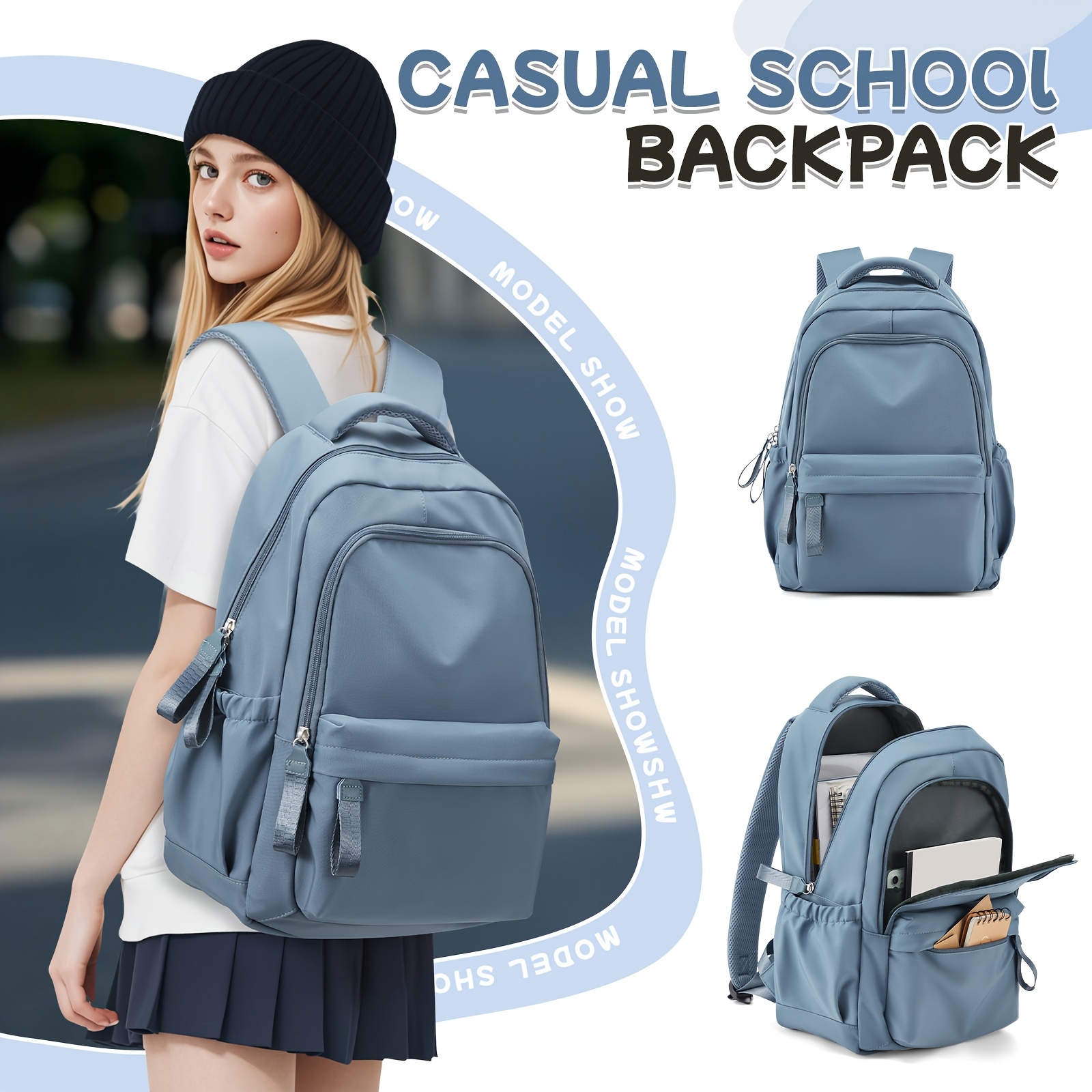 Large Capacity Casual School Backpack Lightweight Durable Nylon,  Adjustable Straps, Multiple Compartments for Laptop, Books Travel  Stylish Solid