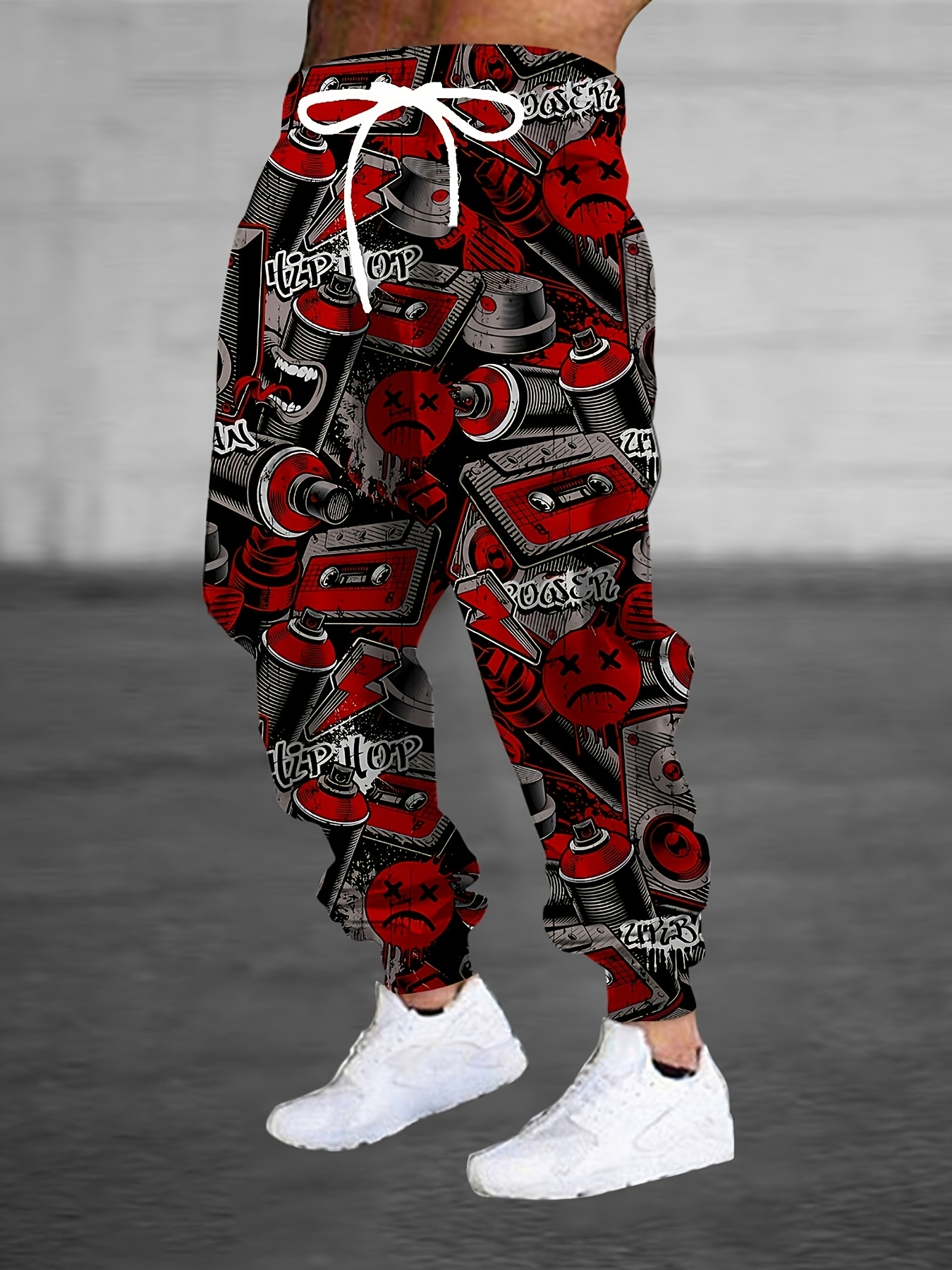 *'* Hip-Hop Print Joggers with Drawstring Pockets Stylish Red Black  Graphic Sweatpants for Casual Wear, Home, or Sleep Pant