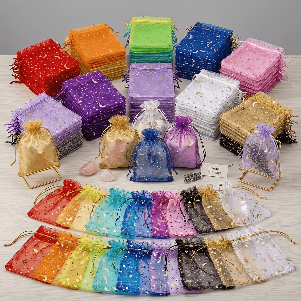 TEMU Gift For Her/him 99pcs Mixed Color Organza Mesh Drawstring Pouches, Sheer Fabric Jewelry Gift Bags With Foil Star Moon Print, Lightweight Small