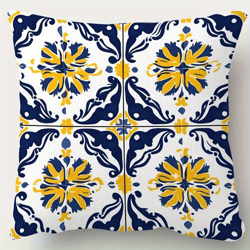 1pc portuguese pillowcase blue white and yellow traditional floral pattern multiple sizes 40x40 45x45 50x50 soft polyester decorative pillow cover with zipper closure suitable for sofa living room bedroom office decor