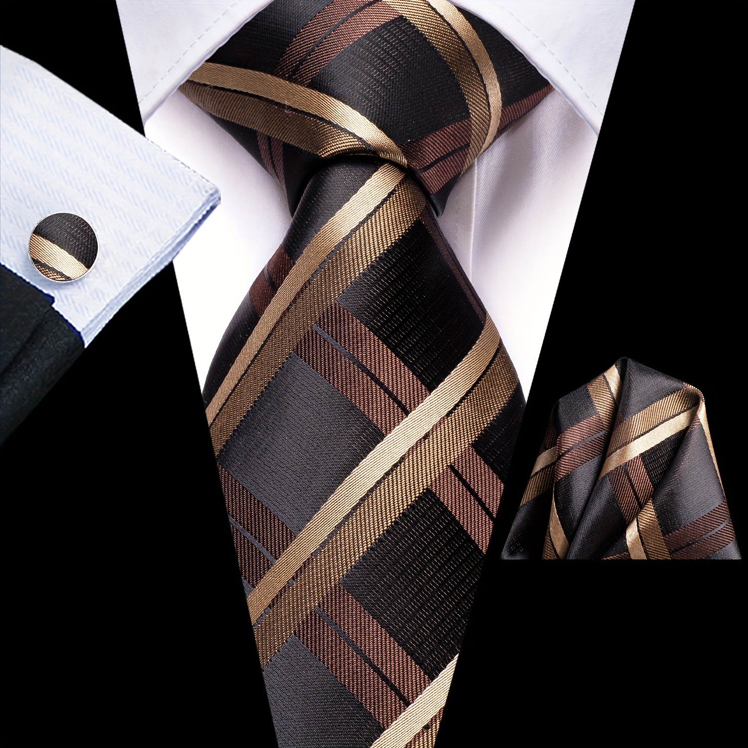 TEMU Premium Men Neck Tie With Pocket Square & Matching Cufflinks Set