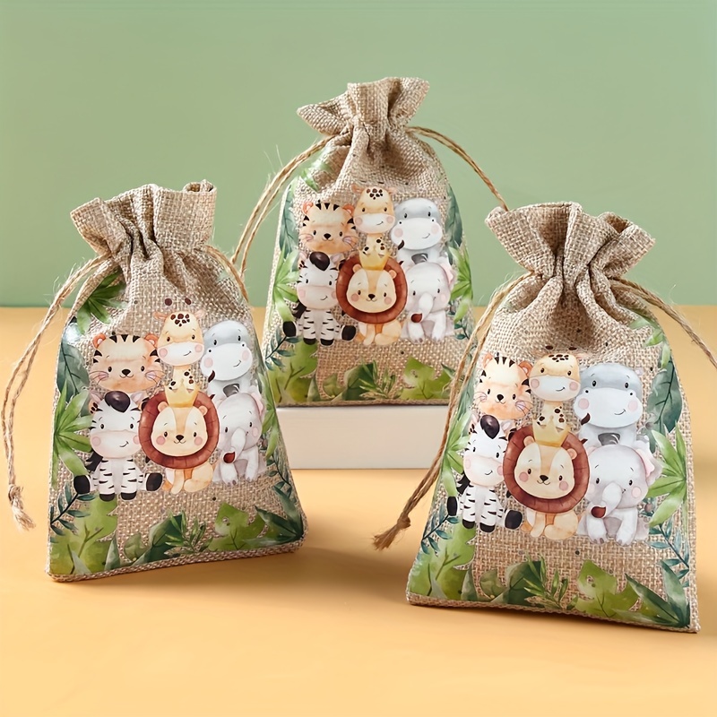 

6pcs Wild 1 Jungle Animals Linen Candy Bags With Tropical Leaf Design - Drawstring Gift Pouches For 1st Birthday & Party Favors, Green Theme, Birthday Decorations