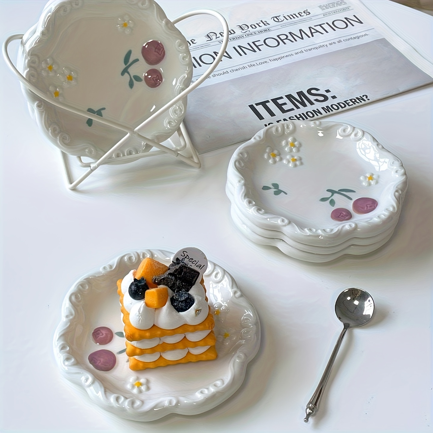 2pcs set of ceramic relief patterned plates fresh and cute bone spitting plates ceramic household new high end dining table garbage tray desktop exquisite small plate dessert plate   dining plate sushi plate coffee cup plate tea plate Product details 0