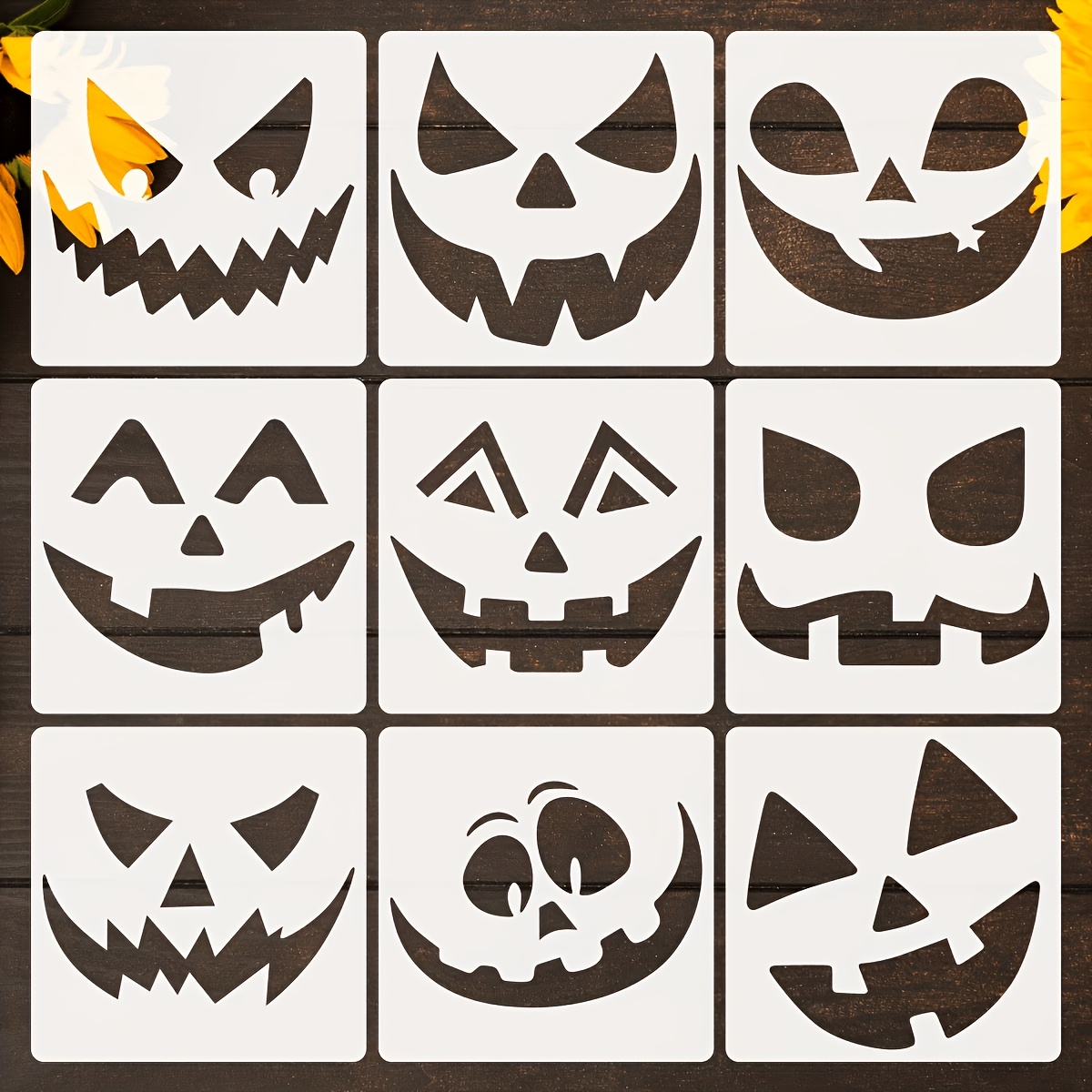 TEMU 9 Halloween Pumpkin Face Stencils, 13x13cm/5x5inch Reusable Plastic Drawing Templates For Diy Jack-o'-lantern Carving, Canvas And Wall Art Decor