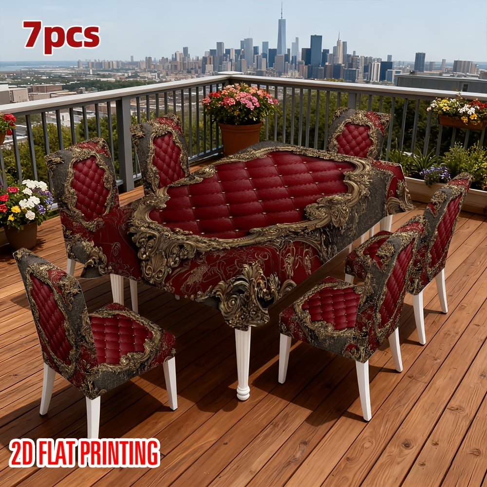 TEMU 2d Flat Printing 4/5/6/7pcs Elegant Red And Chair Cover And Tablecloth Set, & Wash, Fits Living Room, Home Decor, Camping, Parties, Restaurant