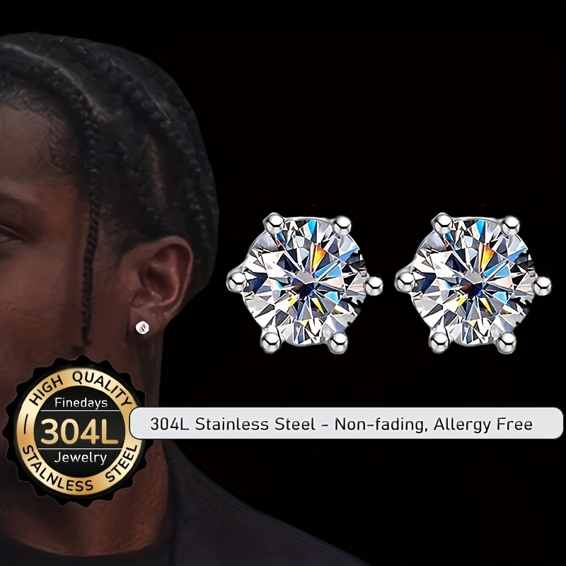 TEMU 2pcs Y2k Style Stylish Men's 304l Stainless Steel Stud Earrings - Inlay Round 0.5/1.0/2.0ct Sparkling Cubic Synthetic Cubic Zirconiaia, Perfect