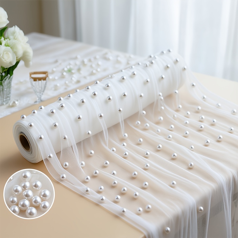 TEMU 1 stuks Elegante Witte Parel Tule Kant Klassieke Geplooide Chiffon Stof, 299.92/499.87Cm, Geschikt voor Bruiloft Tafelkleed Huisfeest Decoratie,