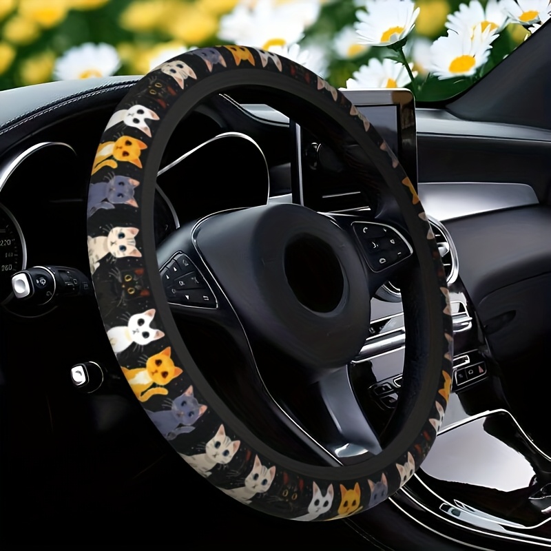 TEMU かわいい猫のペットがテーマの柄 車用ステアリングホイールカバー 快適なグリップ おしゃれな車内アクセサリー ネオプレンラバー素材 滑り止め設計 ほとんどの車種専用設計