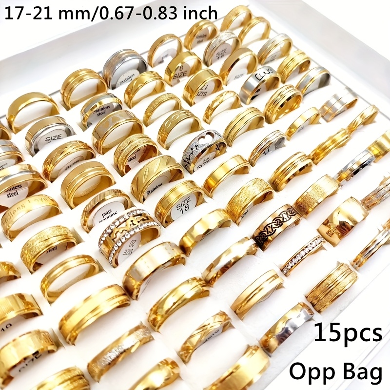 5pcs Women's Mixed Stripe Ring Set, Golden Stainless Steel