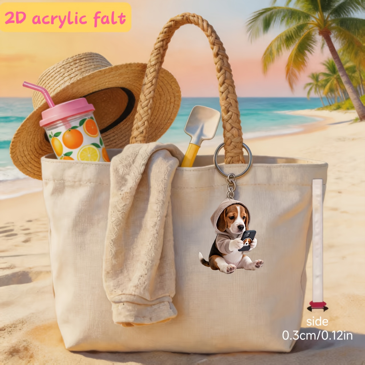 TEMU Portachiavi 2D piatto, 1 pz. con cane beagle che gioca con il telefono, divertente ciondolo per chiavi, design piatto 2D in acrilico