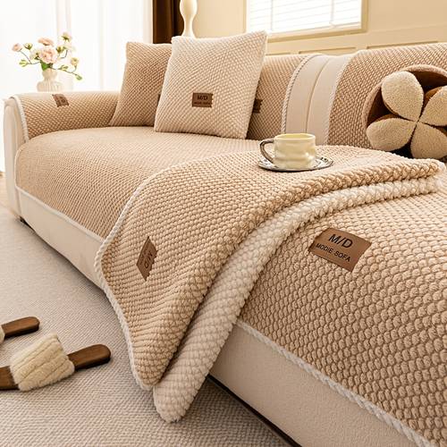 1pc solid color modern plush sofa cover pet friendly non slip sofa protector machine washable soft fabric suitable for home decoration such as single double triple and modular sofas