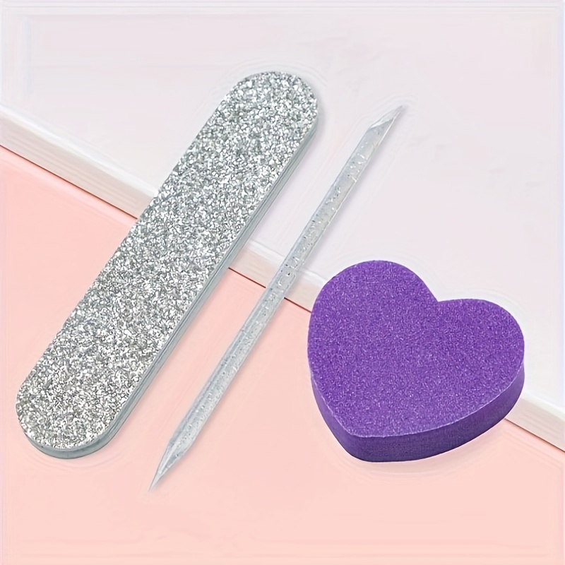

3pcs Manicure Tool Set, Crystal Dotting Pen, Heart-shaped Tofu Block, And Wooden File For Polishing And Shaping