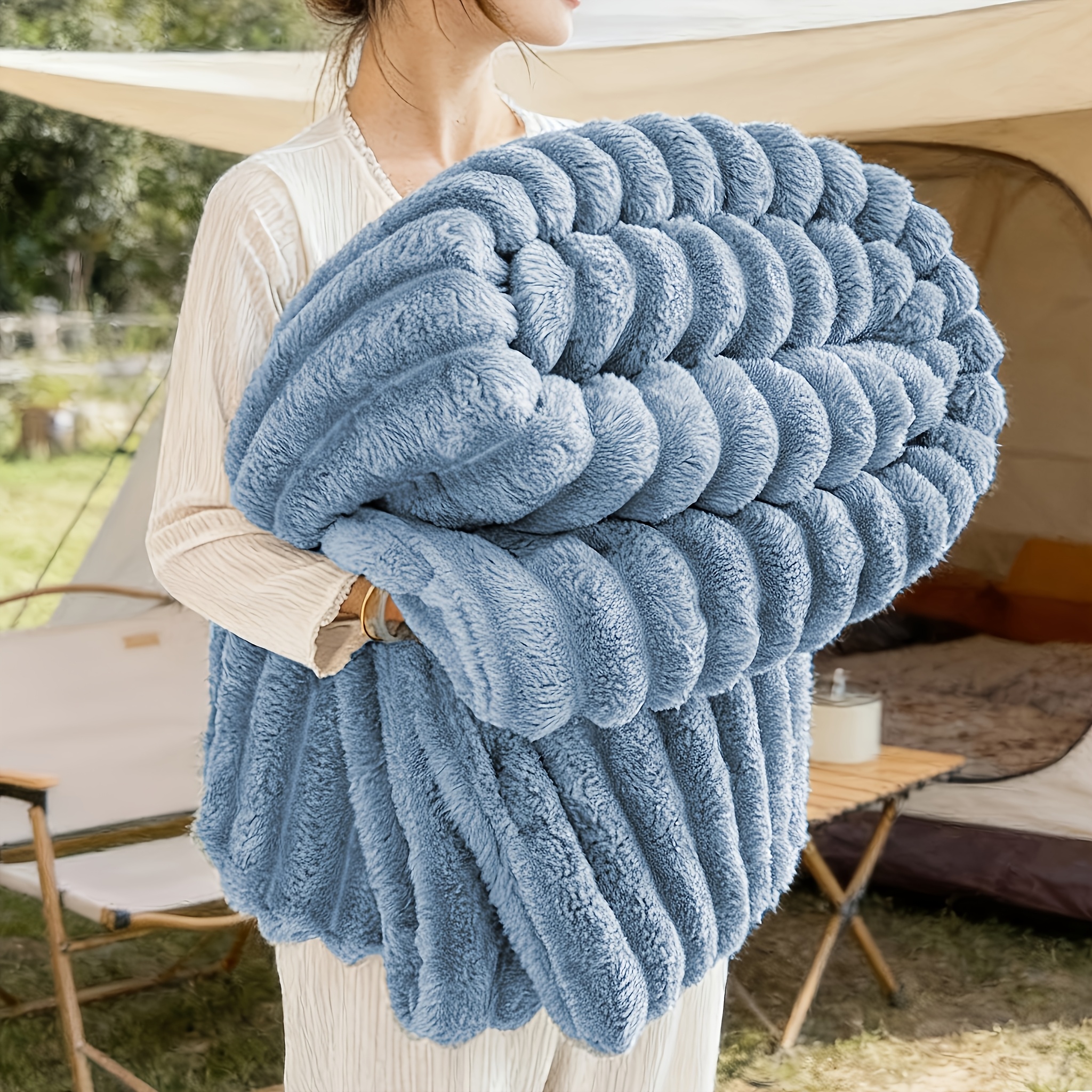 Image of 1pc Thickened Rabbit Hair Blanket - Double-sided Warm Suitable For Camping, Hiking & Use, Soft Imitation Rabbit - Outdoor Bedspread For &, Machine Washable Cozy Throw For And Traveling