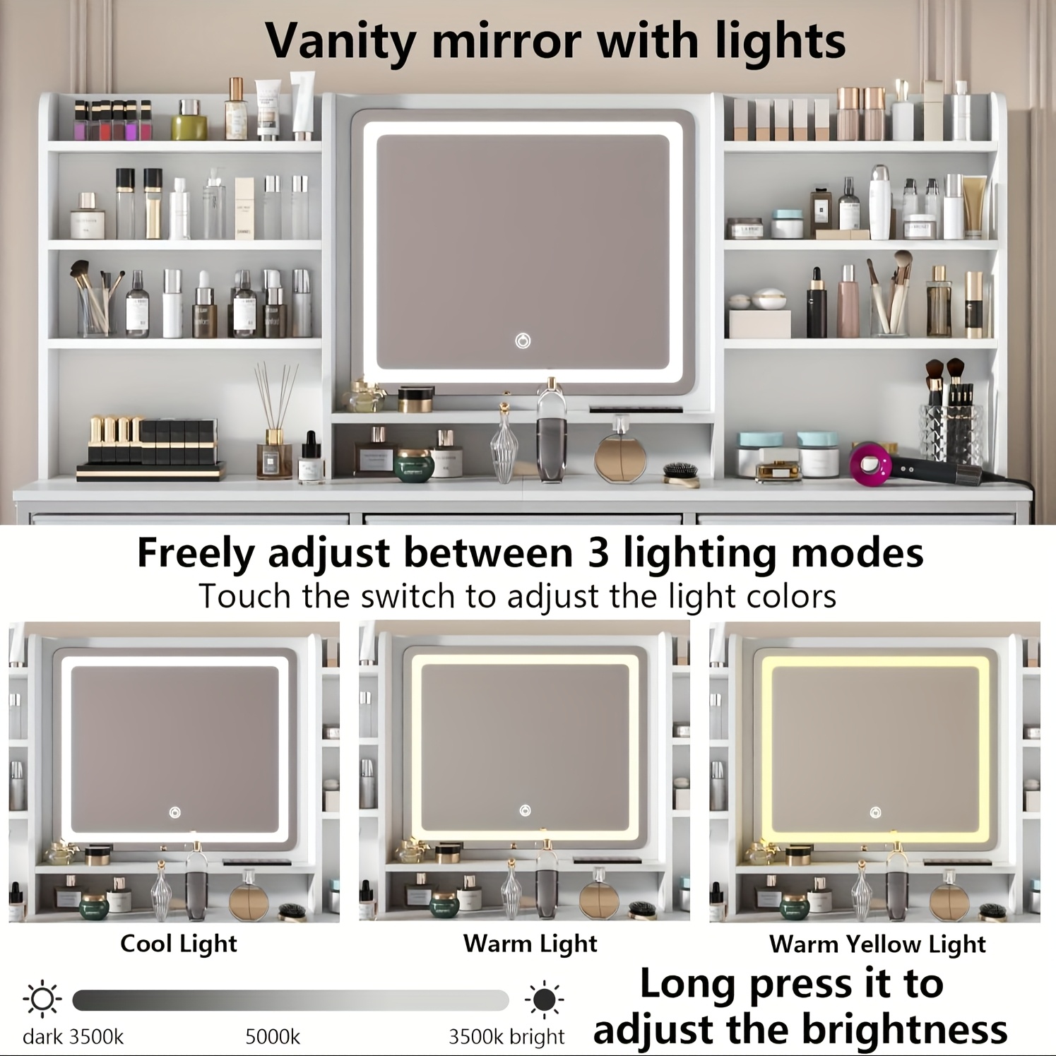 Makeup Vanity With Large Mirror, Vanity Desk With 9 Fabric Drawers & 8 Storage Shelves, Bedroom Dressing Table For Women, Girls, 3 Lighting Colors Adjustable, White