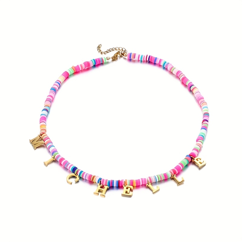 TEMU Collier Bohème Personnalisé Rose en Polymère avec Perles, Collier de Fesses avec Initial de Nom et Lettres pour Femmes
