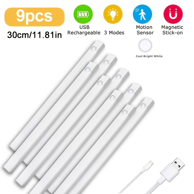 TEMU 9/6/3pcs Extra Long Adjustable Smart Led Strip Lights With Motion Detection. Usb Rechargeable Led Motion Sensor Light-wireless, 3 Lighting For