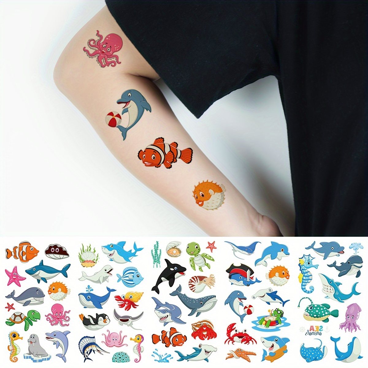 Image of Temporary Tattoos Featuring -the- Animals - 5 Sheets Containing 55 Adorable Designs Of Fish, Sharks, Whales, , Turtles, , Octopuses, And Starfish - Ideal For Birthday Celebrations And Activities