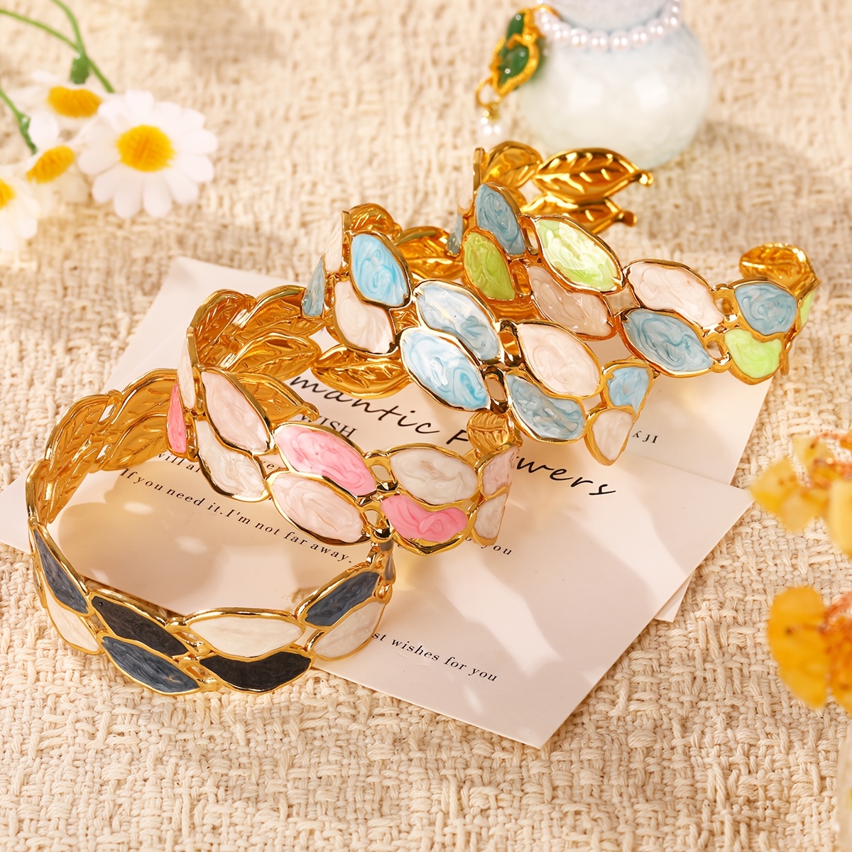 Elegant Color Block Enamel Open Cuff Bangle for Women, Soft Marbled Tone