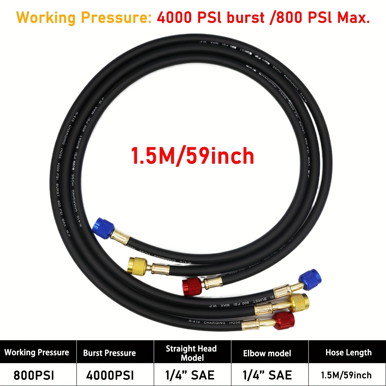 TEMU 0.9m/1.2m/1.5m R410a Ac Charging Hose Set 1/4'' Sae 800 Psi For Hvac Air Condition Refrigerant Hoses R134a R12 R22 R502 Air Condition