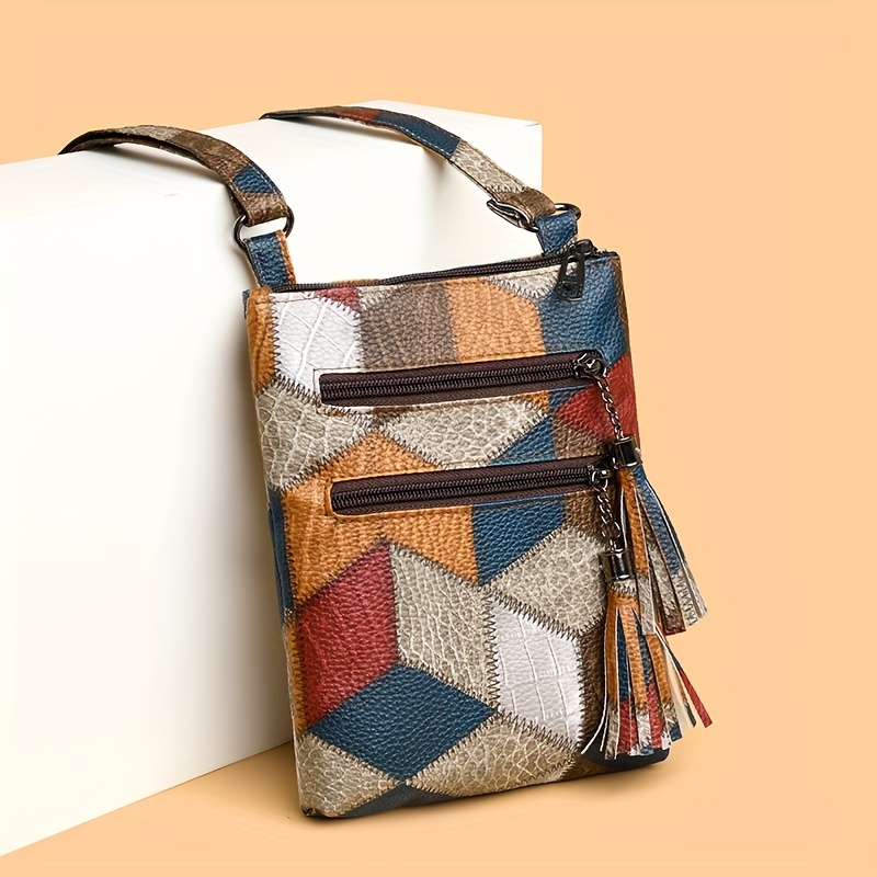 

Geometric Pattern Crossbody Bag, Elegant Mini Pu Leather Shoulder Bag With Tassel Zipper, Versatile Handbag For Daily Commute & Work, Multi-functional Small Travel Purse