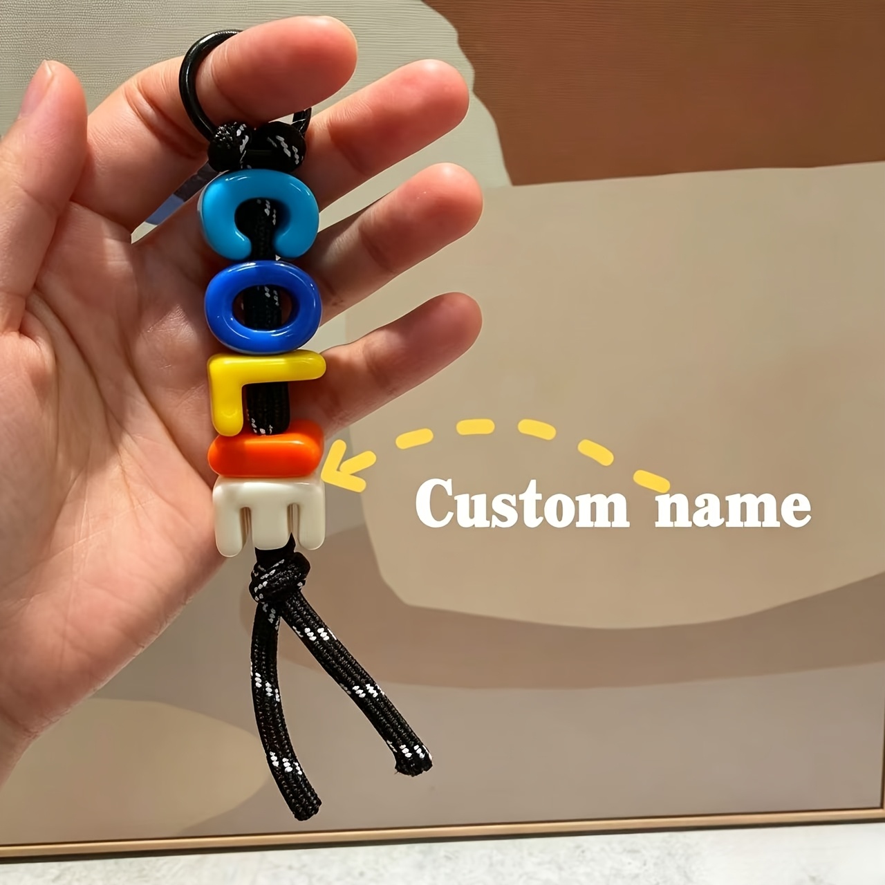TEMU 2d Flat, 1pc Handmade Braided Rope Keychain With Colorful Acrylic Letter Beads, Cute Flower Keyring, Minimalist Style Bag Charm, Custom Name,
