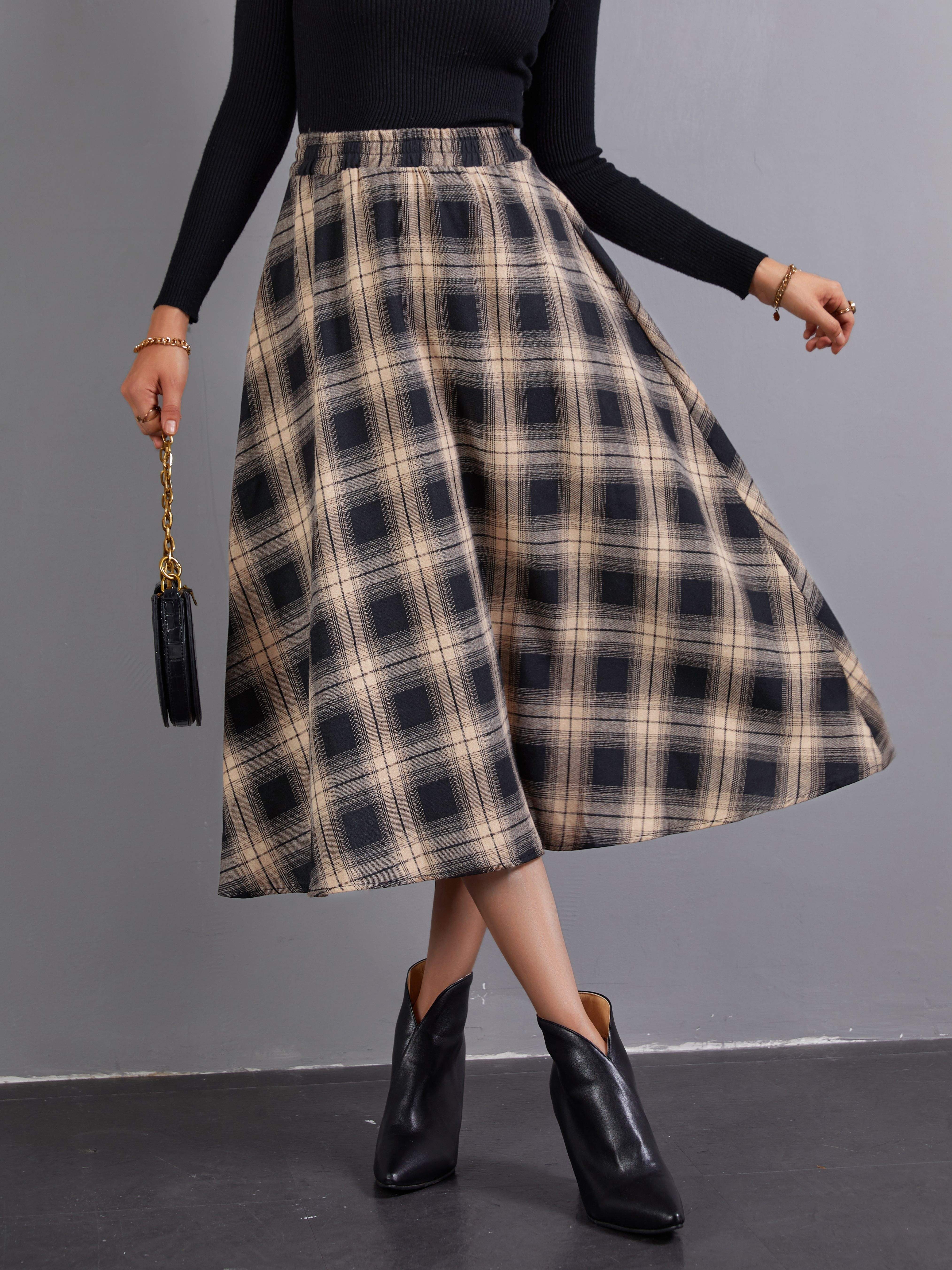 Casual Pearl Midi Skirts Plaid Loose Fashion Knee Length - Temu