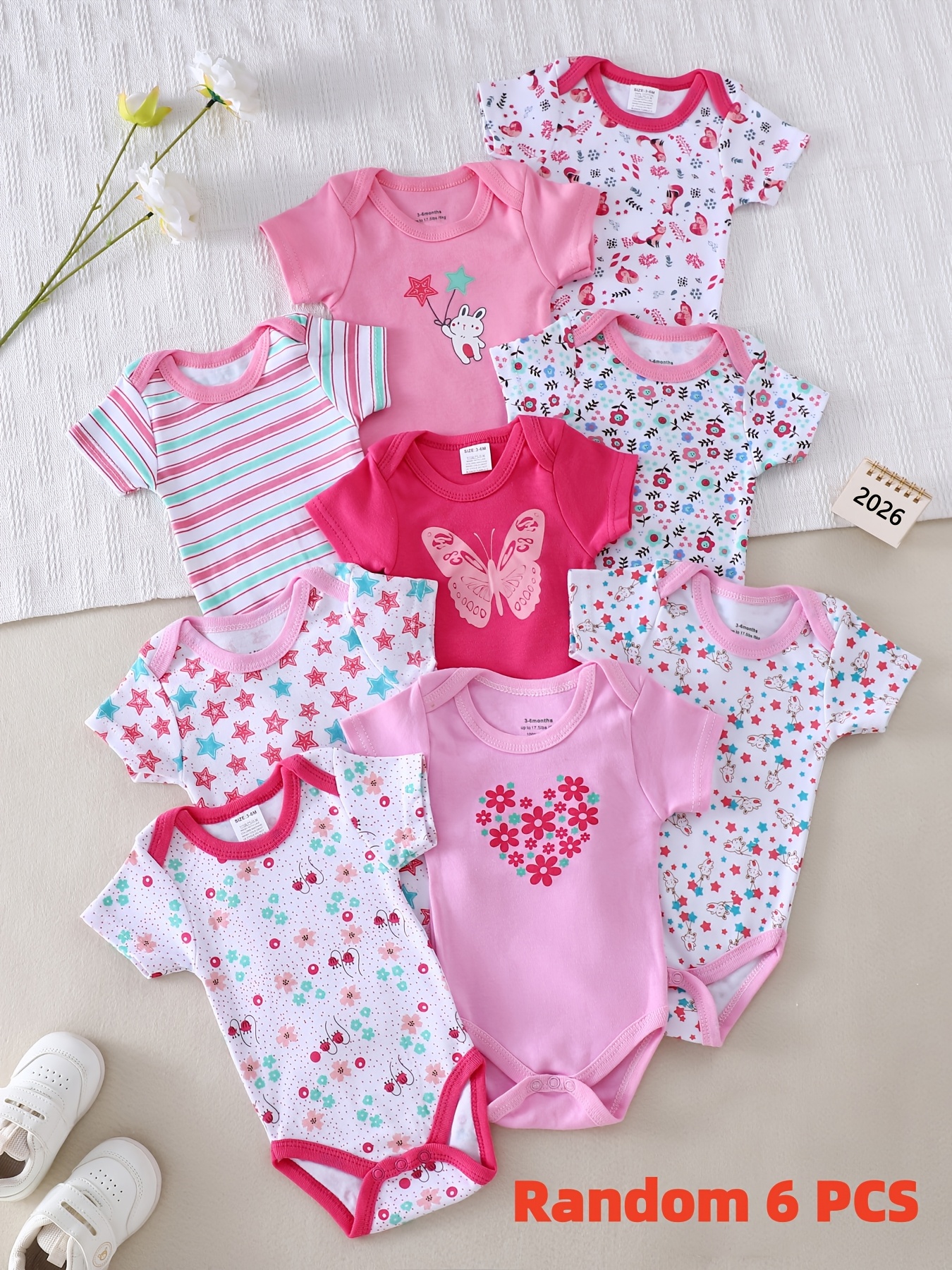 random 6pcs set baby romper bodysuit for 0 9 months newborn boys and girls spring summer outfit with dinosaur animal   flower and heart prints short sleeved breathable comfortable newborn gift casual outing wear   outdoor
