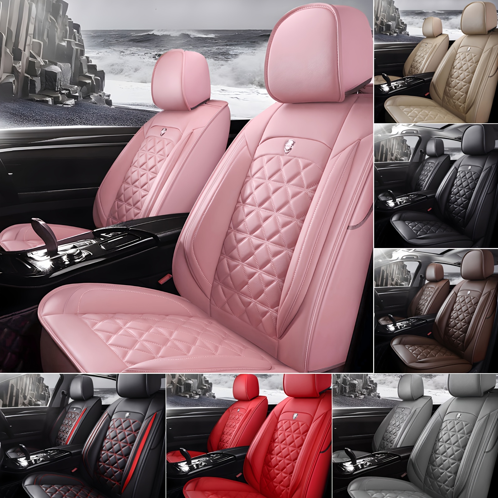 

5 Car Seat Covers Pu Leather Seat Covers Full Set Front Rear Cushion Full Coverage Protector Universal Fit Diamond Pattern