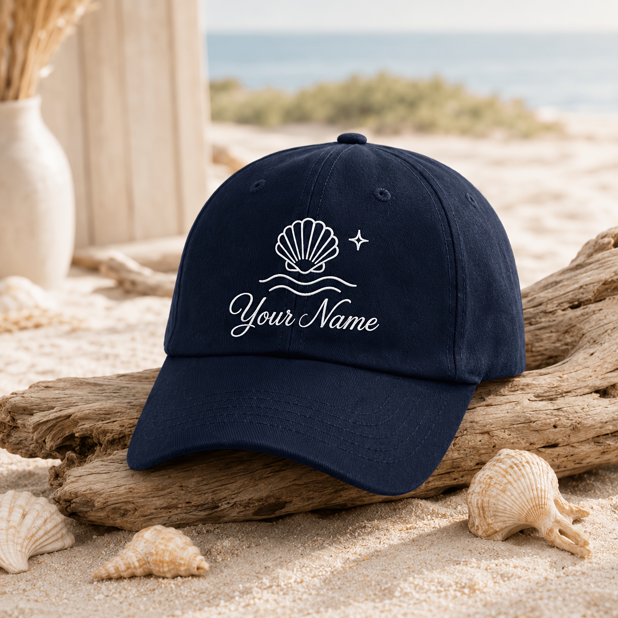 TEMU Seashell Wave Pattern Custom Name Embroidered Baseball | Adjustable Beach Casual Dad Hat