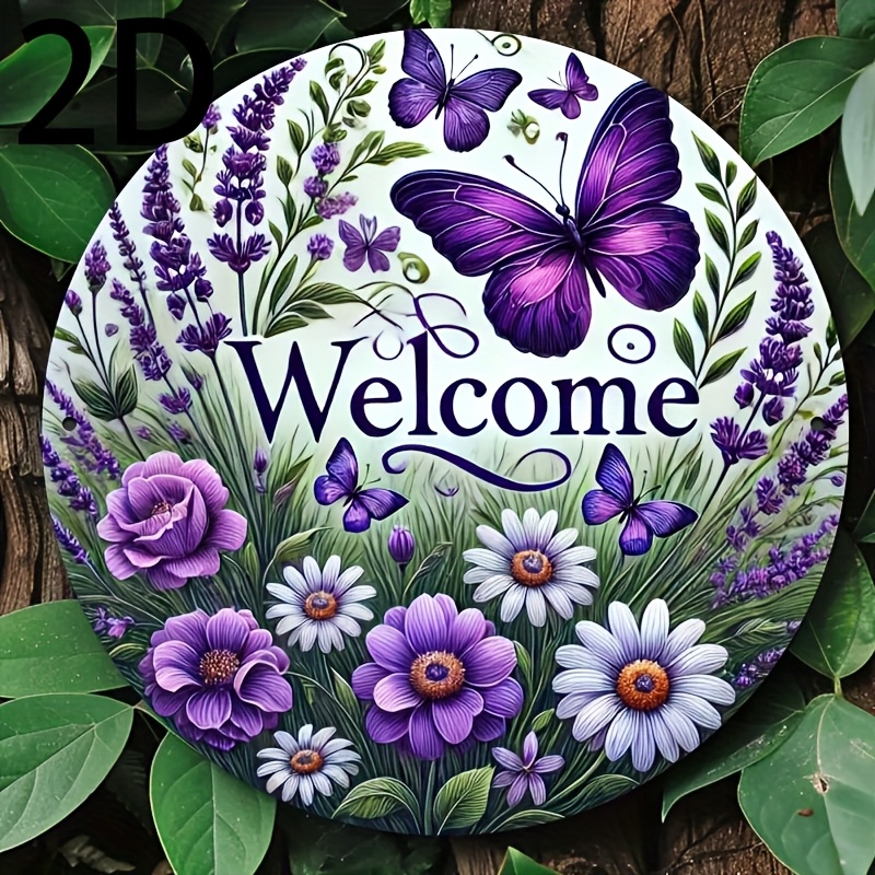 TEMU 2d Flat - 1pc 2d Flat Purple & Flower Welcome Metal Tin Sign, Classic Elegant 8×8inches Round Outdoor Indoor Aluminum Wall Art Hanging Plaque