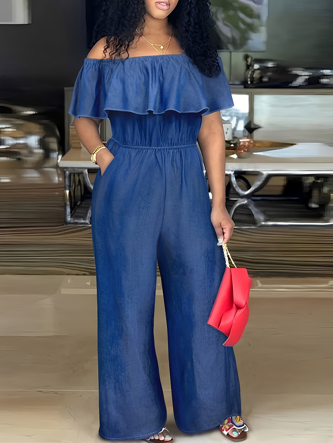 Women's Elegant Off-the-Shoulder Pantsuit Chic Non-See-Through  One-Shoulder outfit, Machine Washable Formal *al Pants for Parties,  Office