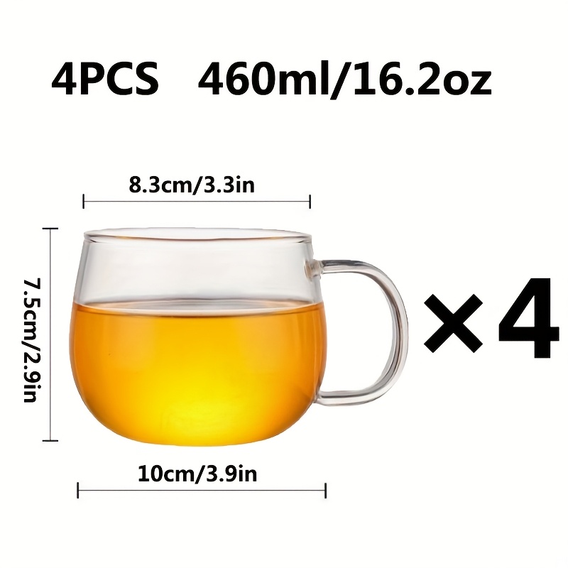 TEMU 4pcs Round Glass Cups With Handles, Heat-resistant Borosilicate Glass Transparent Water Cups, Milk Cups, Cups, Juice Cups, Milk Tea Cups, Herbal