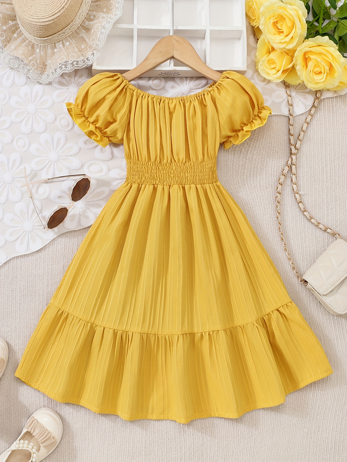 Girls' Ruffled Puff Sleeve Party Dress – Elegant Knee-Length Holiday Gown