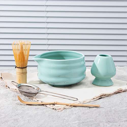 Tivhelrf 7-Piece Ceramic Matcha Set - Bamboo Whisk, Bowl, Sifter, Scoop & Rest, Towel (Dark Green, 18.9oz Bowl)