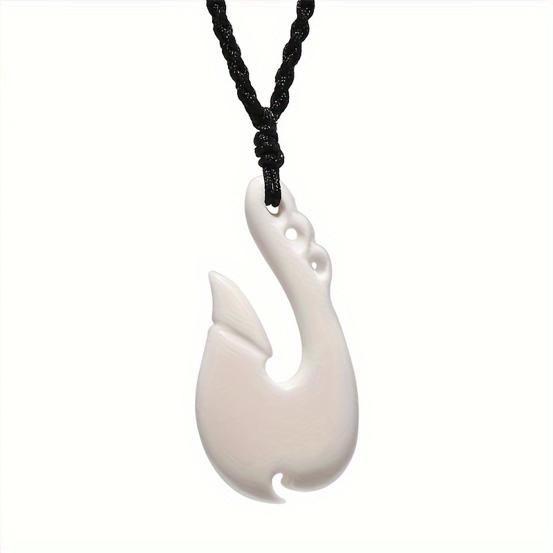 TEMU Gx008 Hawaii Surfer Jewelry Handmade Carved Yak Bone Fish Hook Pendant New Zealand Maori Tribal Choker Women's Men's Necklace