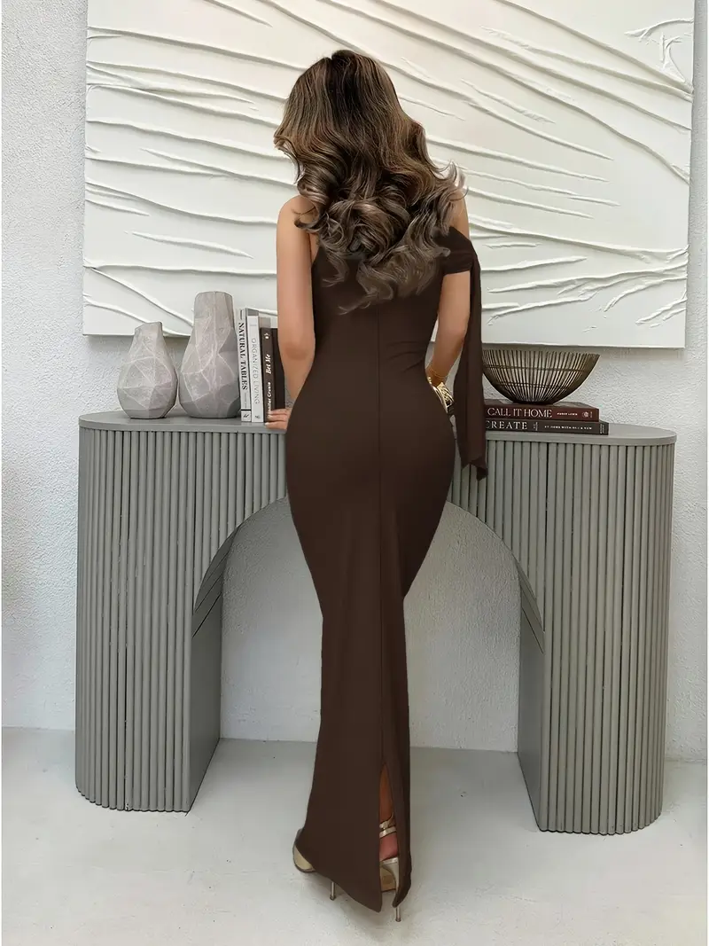 elegant womens long dress solid asymmetrical strap flowing - Temu Oman elegant womens long dress solid asymmetrical strap flowing - Temu Oman