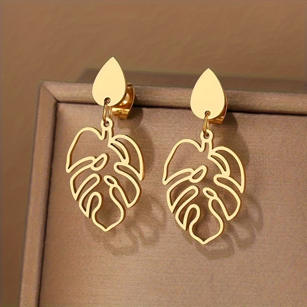 TEMU 1 Pair Women's Autumn Winter Leaf Shaped Earrings, Exquisite Hollow Leaf Design With Water Drop Pendant, Suitable For Daily Wear And Parties,
