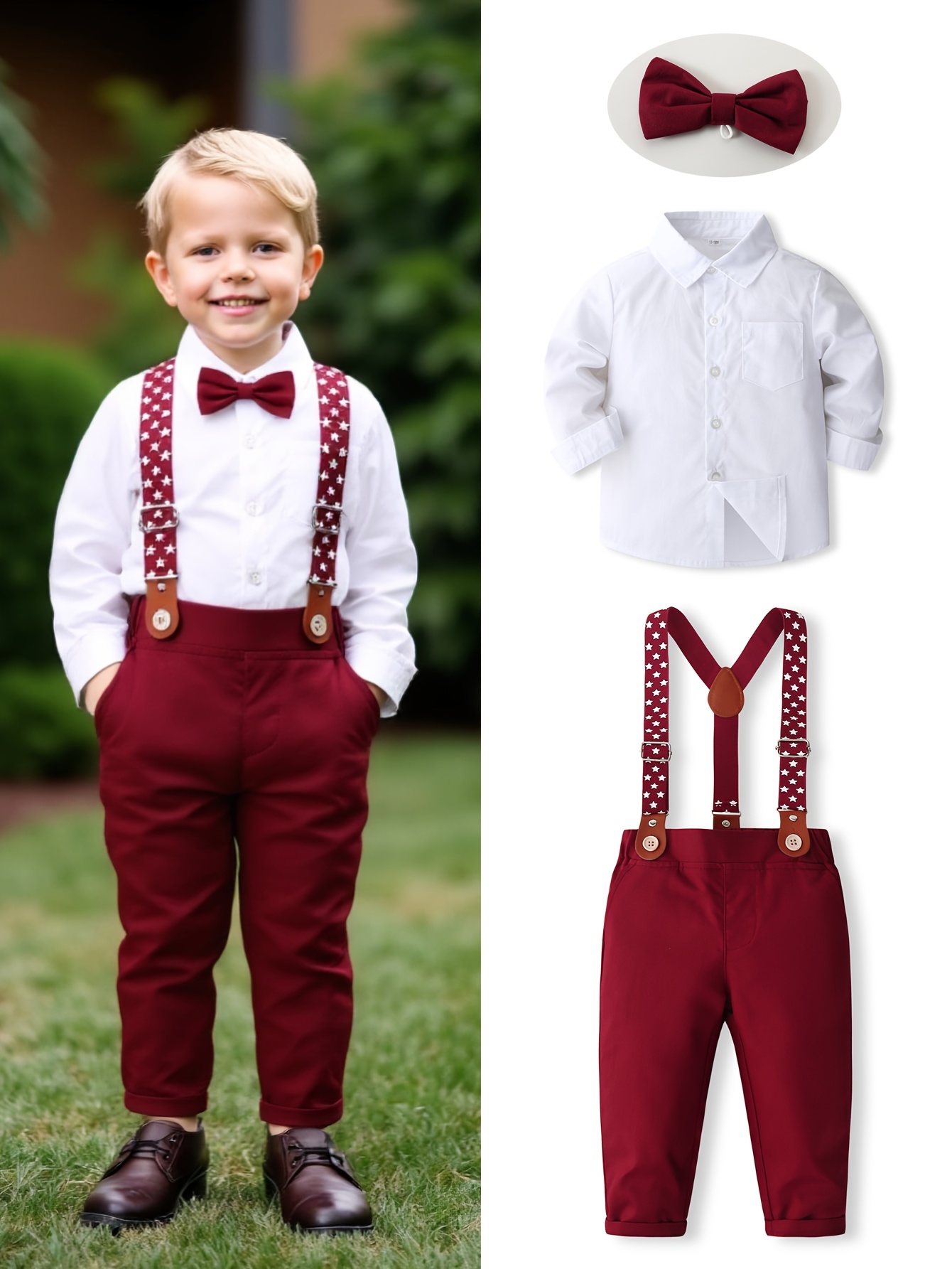 Boys white shirt with red bow-tie and suspenders