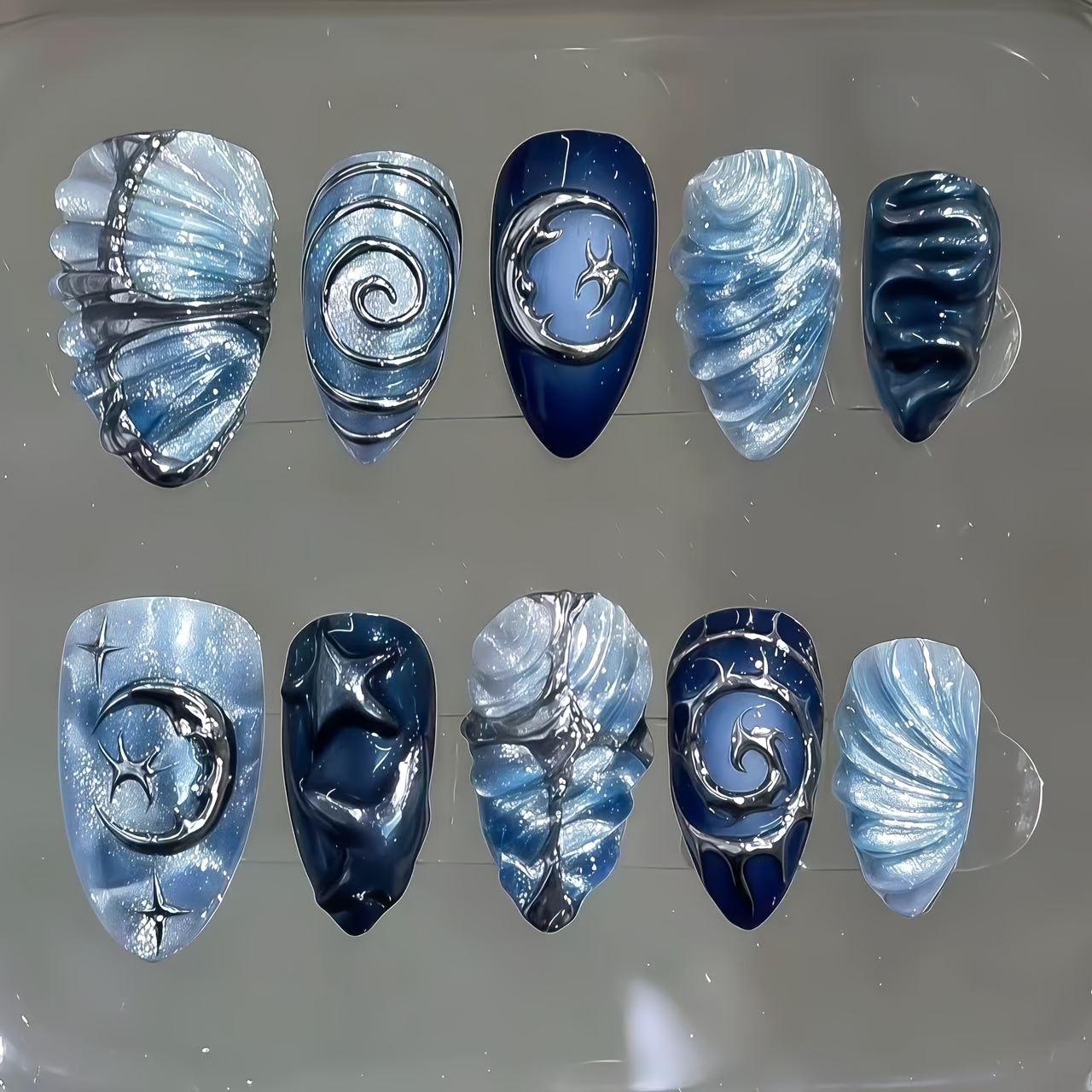 TEMU 10pcs Medium Long Almond Press-on Nails Blue Cat Silvery Chrome Line Shell Moon Star Pattern Gothic Y2k Glossy Full Cover Reusable Fake Nails