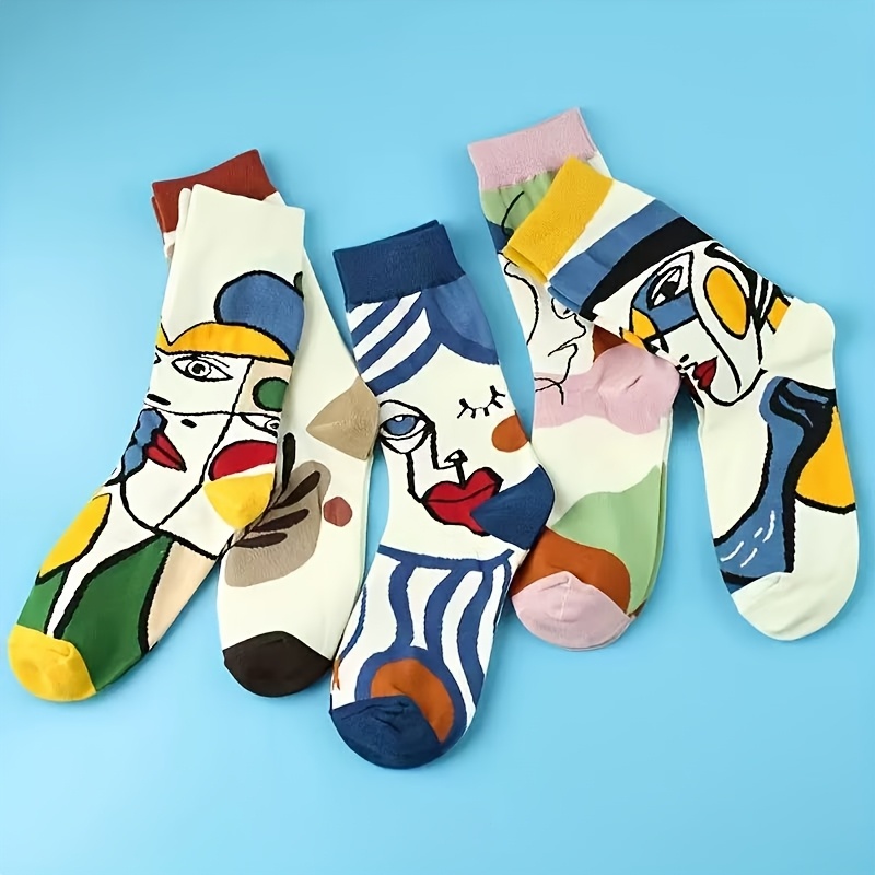 E-shop Zufällige 3 Paar Trendige Kreative Illustration Mode Persönlichkeit Sport Paar Socken, Handbemalte Mid-Calf Color-Block Damen Strümpfe