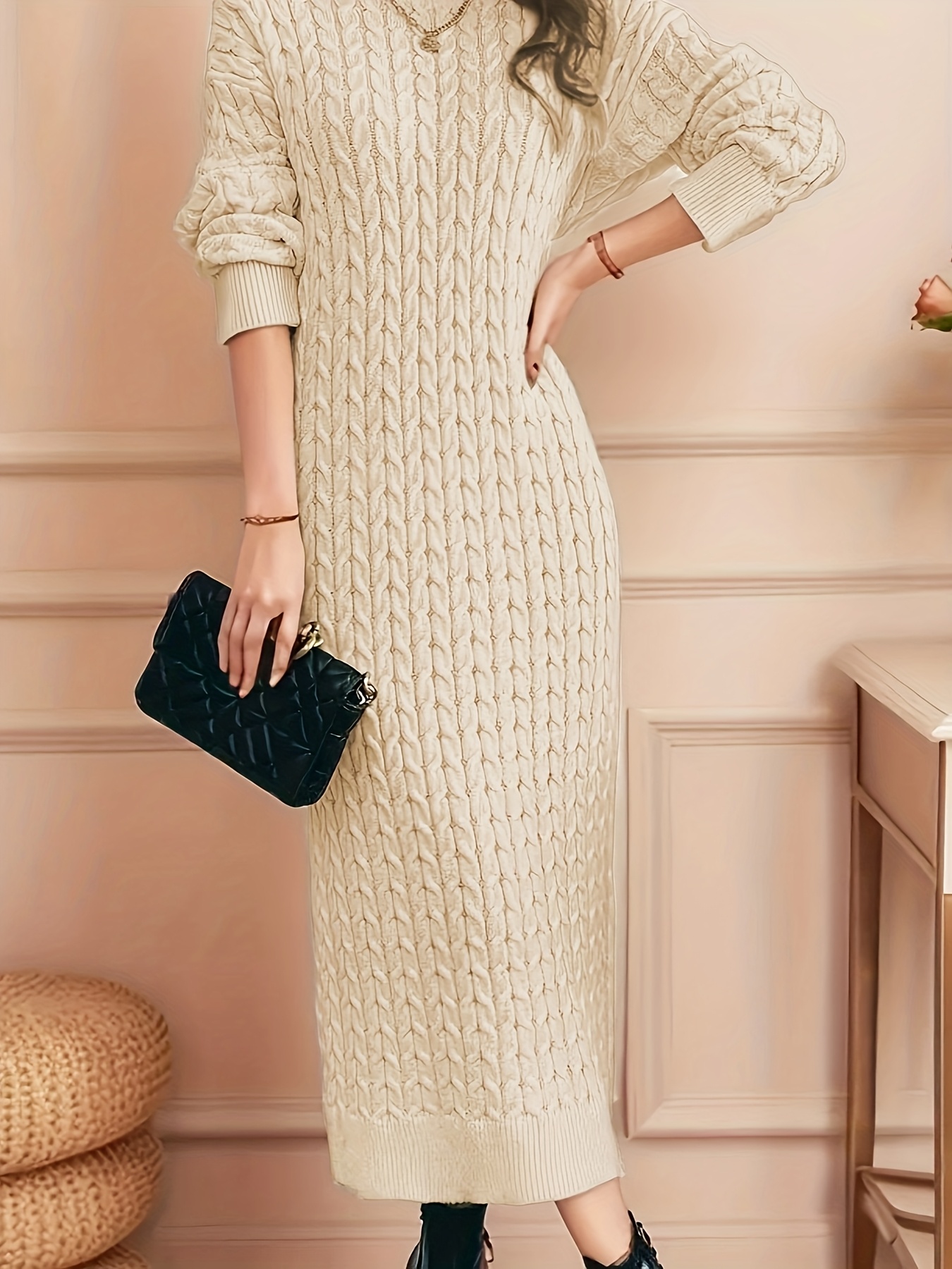 chinese dress ladies Casual loose long-sleeved midi sweater dress