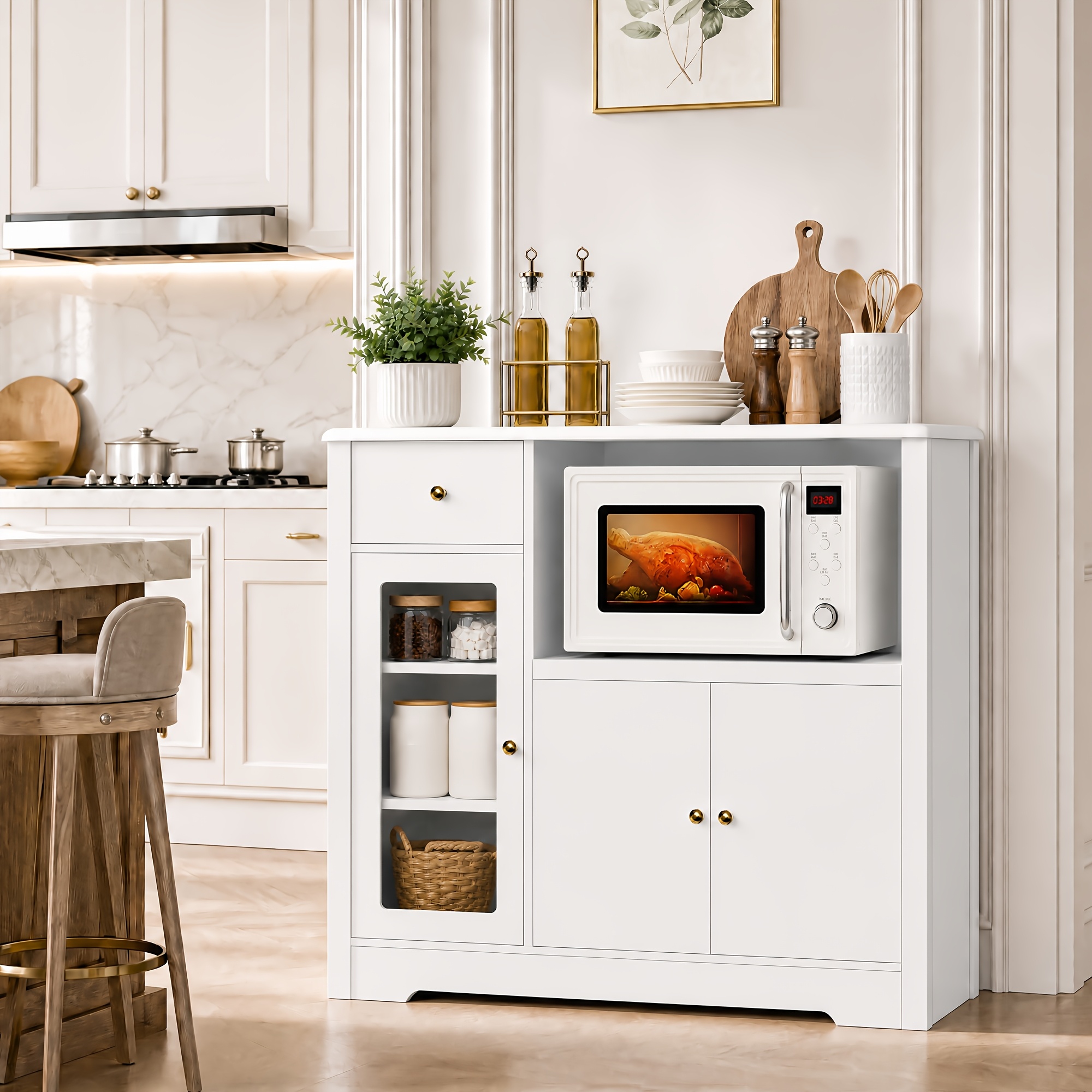Kealive White Sideboard With Microwave Shelf, 3-door Buffet Cabinet With Adjustable Shelves For Room