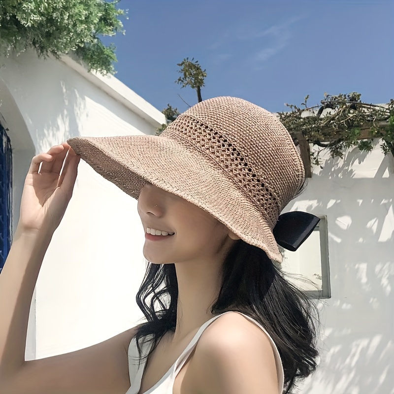 Wide Brim Sun Hat Solid Color Bow Ponytail Hat Summer - Temu